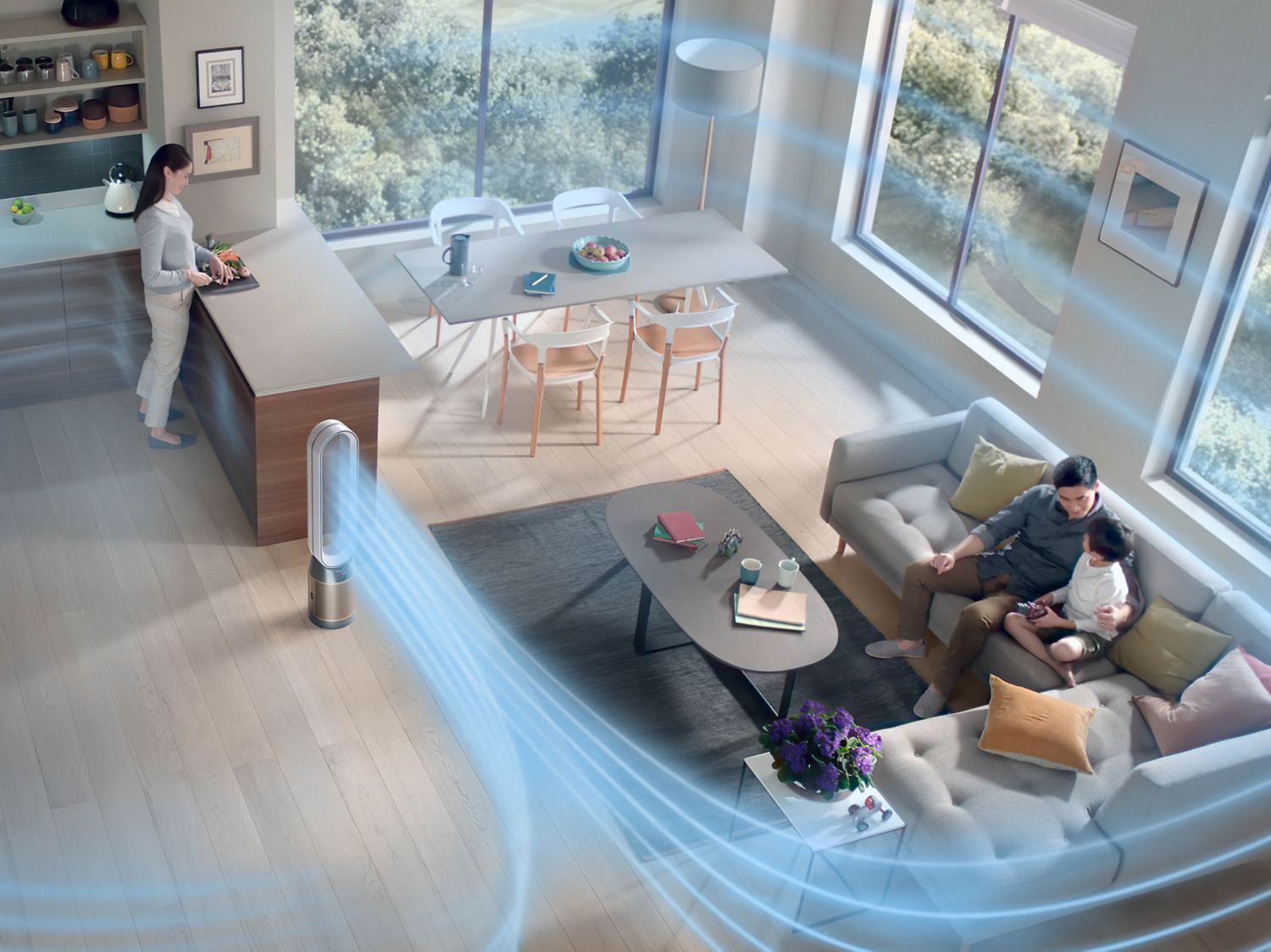 Dyson air purifier removing allergens and circulating cleaner air as family relaxes in open plan living area